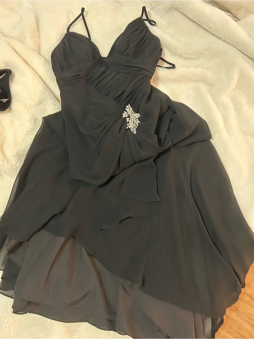Val Stefani Black Ruched Spaghetti Strap Evening Gown with Crystal Brooch